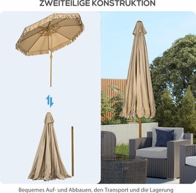 Outsunny Efektowny Parasol z Frędzlami - Nachylany, z Korbką, Khaki, Ø264x240cm - Modna Ochrona