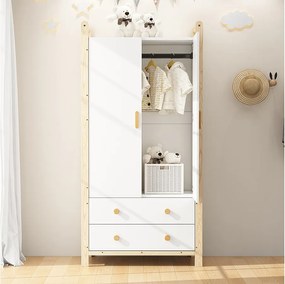 Szafa dziecięca - 90 x 45 x 180 cm - 2 drzwi + drążek na ubrania + 2 szuflady - płyta wiórowa - biała