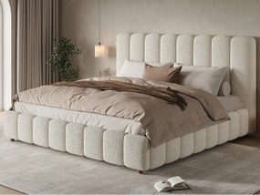 Tapicerowane łóżko z pojemnikiem 160x200cm - z stelażem lamelowym - Tkanina bouclé - Biały​ (bez materaca)