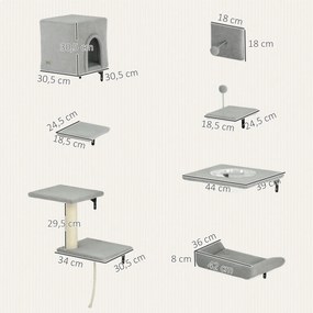 PawHut Ścianka Wspinaczkowa dla Kotów 7-częściowy Zestaw z Domkiem, Platformy, Szara