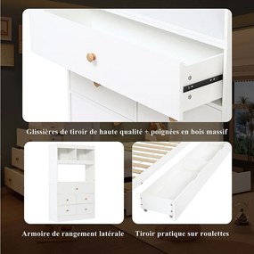 Łóżko dziecięce pojedyncze - 90 x 200 cm - z pojemnikiem na pościel + 5 szuflad - sosna + PB - białe + naturalne