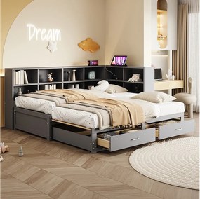 Rozkładana sofa - 90/180 x 190 cm - ze schowkiem + 2 szuflady + gniazdo - sosna + sklejka + MDF - szary