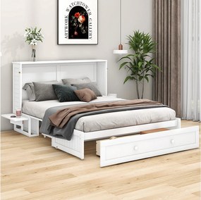Mobilne łóżko Murphy - 140 x 200 cm - Łóżko konwertowalne - Szuflady i półki - Sosna i MDF - Białe