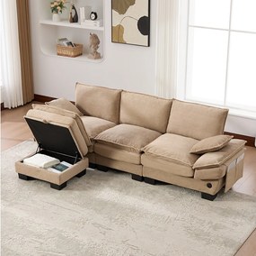 Zestaw wypoczynkowy z tkaniny sztruksowej 3-osobowy - 260 x 132 x 84 cm - z 1 pufem ze schowkiem + portem USB + kieszeniami - khaki