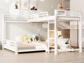 Piętrowe łóżko z metalu w kształcie litery L - 90x200 cm + 140x200 cm - z barierkami bezpieczeństwa i drabiną - Metal - Biały (Materac nie jest wliczony w cenę)