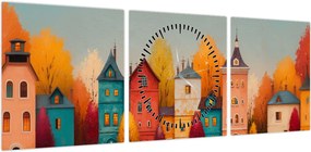 Obraz - Jesienna wieś (z zegarem) (90x30 cm)
