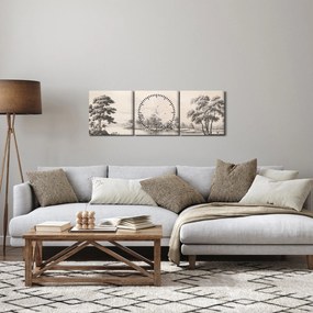 Obraz - Rysunek krajobrazu w stylu vintage (z zegarem) (90x30 cm)