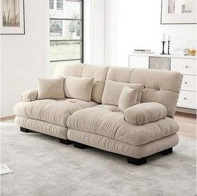 Sofa 2-osobowa beżowa - z 4 poduszkami - rama z litego drewna + tkanina plusz - 220x77x81cm