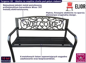 Czarna ławka ogrodowa z napisem na oparciu W3-R91