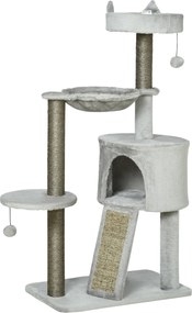 PawHut Drapak dla Kota Jasnoszary z Kryjówką Łóżkiem Hamakiem i Zabawkami 60x40x113cm Komfortowy | Aosom PL