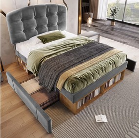 Łóżko dziecięce 90 x 200 cm z pojemnikiem na pościel, regulowanym zagłówkiem + szuflady + półki - welurowe - szare