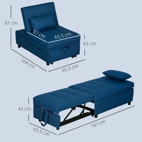 HOMCOM 3-w-1 Rozkładany fotel z boczną kieszenią, łóżko gościnne z poduszką, regulowane oparcie, fotel do spania na kółkach, niebieski