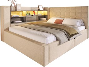 Rozkładana sofa z pojemnikiem 140x190cm - z LED i portem ładowania - z stelażem lamelowym - tkanina lniana - beżowy​ (materac nie jest wliczony w cenę)