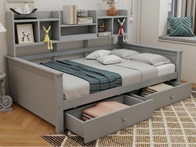 Rozkładana sofa 90x200 - z 2 szufladami - z półkami - z stelażem lamelowym - szary​ (materac nie jest wliczony w cenę)
