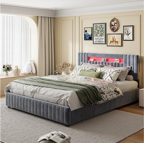 Łóżko z pojemnikiem 140x200cm - Łóżko podwójne z zagłówkiem LED i pojemnikiem, w szarej tkaninie aksamitnej