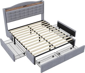 Łóżko tapicerowane 160 x 200 cm z 4 szufladami i półką - port ładowania USB - szare