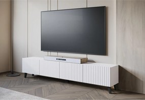 Nowoczesna szafka RTV 190 cm biały na nóżkach do salonu, fronty MDF frezowane w szerokie ryfle