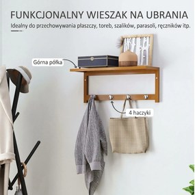 HOMCOM Wieszak ścienny z haczykami, montaż ścienny oszczędzający miejsce, nośność 5 kg, 50 x 16 x 17,5 cm drewno naturalne