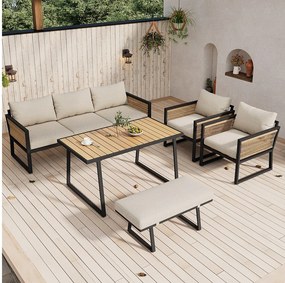 Zestaw mebli ogrodowych na 6 osób - z lekkiej ocynkowanej stali - z liny - kanapa - 2 fotele i stolik kawowy - z jadalnią - 1 stołek - beżowy