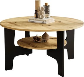 Nowoczesny okrągły kawowy stolik z półką dąb artisan + czarny D8-T04
