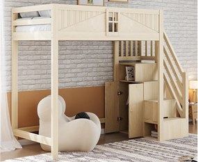 Łóżko na antresoli 90 x 200 cm - z bezpieczną drabiną z pojemnikami - z barierką bezpieczeństwa - naturalny​ (materac nie jest wliczony w cenę)