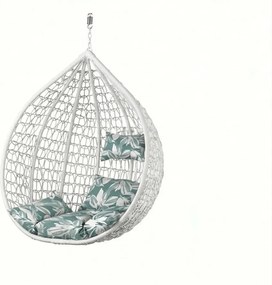 Białe wiszące krzesło KOKON bez stojaka, zielono-biała poduszka