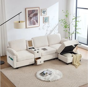 Sofa 3-osobowa, sofa sztruksowa z pufem i szufladami, 2 uchwytami na kubki i portem USB - beżowa