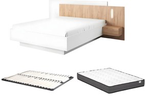 Łóżko z szafkami nocnymi 160 x 200 cm - 2 szuflady - Z oświetleniem LED - Białe i naturalne + Stelaż + Materac - FRANCOLI