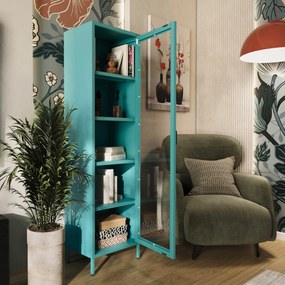 Witryna szklana do salonu wąska morska / turkusowa Modern LUIGI 500 x 1800 x 350 mm