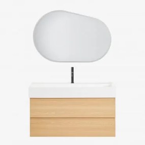 Zestaw Wiszących Mebli Łazienkowych Z Drewna I Forniru Jesionowego Zintegrowany Z Umywalką Ona Naturalna & Owalna Lampa Led - Sklum