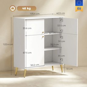 HOMCOM Nowoczesny sideboard, bufet 105,4 cm z 4 drzwiami Soft-Close i metalowymi nóżkami, do jadalni i kuchni, kremowo-biały | Aosom PL