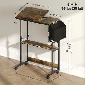 HOMCOM Stojące biurko z regulowaną wysokością i nachyleniem blatu, kółkami, półką, do pisania, czytania, rysowania, Rustykalny Brąz