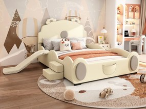 Łóżko dziecięce 140 x 200 cm ze zjeżdżalnią i schodkami, tapicerowane skórą ekologiczną, stelaż z listew, beżowe