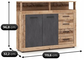 Komoda Dwudrzwiowa z Szufladami BLAGO MIDI A 119,6 cm Surowy Dąb/Czarny Loft