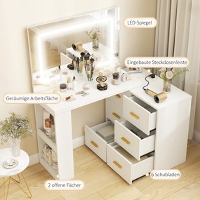 HOMCOM Toaletka z regulowanym lustrem LED, gniazdka, 6 szuflad, 2 otwarte półki, biały