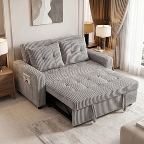 HOMCOM 2-osobowe łóżko-sofa, pokrycie sztruksowe, przekształcalne w sofę rozkładaną, 2 poduszki, kieszenie boczne, 157 x 190 cm, Jasnoszary | Aosom PL