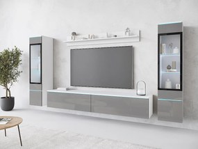 Zestaw mebli do salonu z LED 4 elementy – szafka RTV 180 cm, 2 witryny i półka, stojąca lub wisząca, korpus biały mat, fronty szary połysk