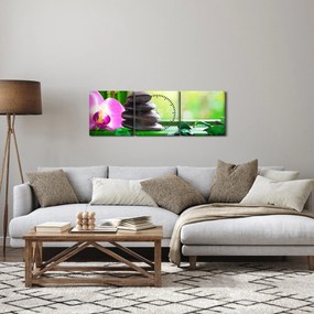 Obraz kamieni do masażu i storczyków na wodzie (z zegarem) (90x30 cm)