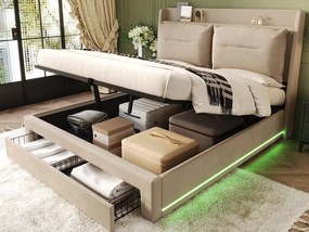 Łóżko z tapicerowanym welurem - 160x200 cm - 2 szuflady na końcu łóżka - wbudowana taśma LED w nogach łóżka - Beżowe (bez materaca)
