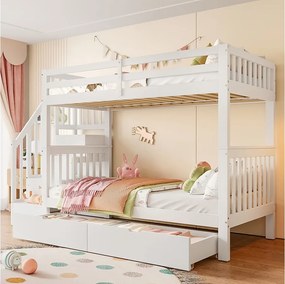 Łóżka piętrowe dla dzieci - 2 x 90 x 200 cm z drabinką + 2 szuflady - drewno - białe