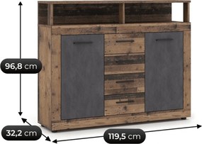 Komoda Dwudrzwiowa z Szufladami BLAGO MIDI B 119,5 cm Ciemny Dąb/Czarny Loft