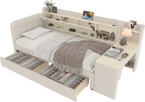 Sofa rozkładana 90×200 cm - z 2 szufladami - z biurkiem - z portami USB + Type C - schowek - beżowa (materac nie jest zawarty)