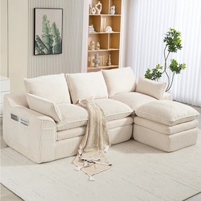 Modułowy zestaw wypoczynkowy 3-osobowy w sztruksie - 263 x 167 x 85 cm - z 1 pufą + poduszki + 2 kieszenie - beżowy