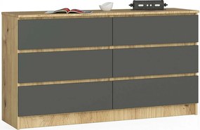 Komoda AKORD K140 Dąb Artisan 138 cm 6 szuflad kolor Grafit Szary mat 138x40x77 cm