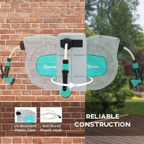 Outsunny Wieszak na wąż ogrodowy, 20+2 metry wąż ogrodowy w trwałej obudowie, Mocowanie na ścianę, 7 wzorów natrysku, Obrotowy o 180°, Szary