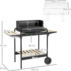 Outsunny Metalowy grill na węgiel drzewny BBQ Smoker z kołami, regulowany ruszt, półka na drewno 103x47x95 cm Czarny