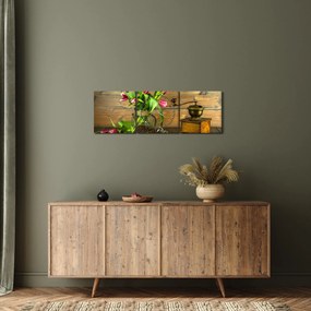 Obraz - tulipany, młynek i kawa (z zegarem) (90x30 cm)