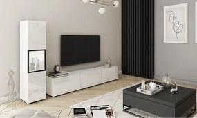 Nowoczesna meblościanka z oświetleniem, zestaw wisząco-stojący 2-elementowy z szafką RTV 180 cm i witryną, korpus biały mat, fronty biały połysk