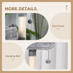 PawHut Duży drapak dla kotów 145 cm, z hamakiem, drzewko do wspinaczki dla kotów, drapak z jaskiniami i słupkami obszytymi sizalem, Jasnoszary