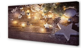Obraz drukowany na płótnie Świąteczna Kompozycja: Bombki, Szyszki i Lampki